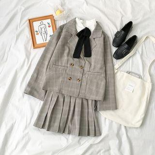Plaid Double-breasted Blazer / Mini Pleated Skirt / Plain Shirt / Set