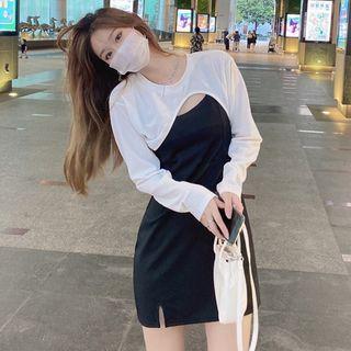 Long-sleeve Plain Cropped Top / Spaghetti-strap Plain Side Slit Dress