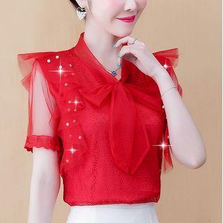 Bow-neck Mesh Blouse