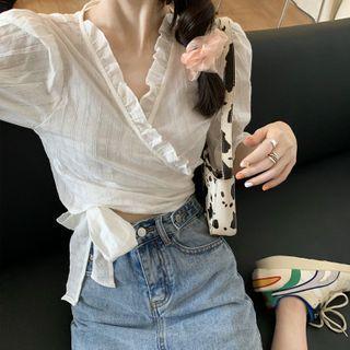 Short-sleeve Ruffled Tie-front Blouse