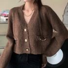Cropped V-neck Cardigan Coffee - One Size