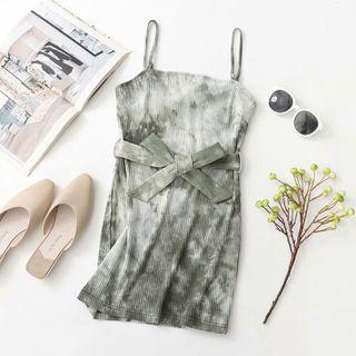 Spaghetti Strap Tie-dyed Ribbed A-line Dress