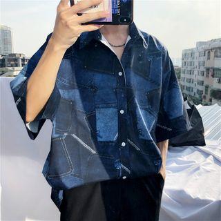 Elbow-sleeve / Long-sleeve Denim Print Shirt