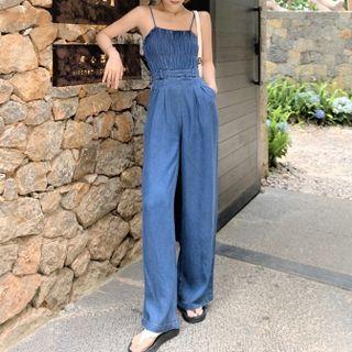 Spaghetti Strap Denim Jumpsuit / Puff-sleeve Cropped Blazer