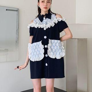 Short-sleeve Cold Shoulder Frill Trim Mini Shirt Dress