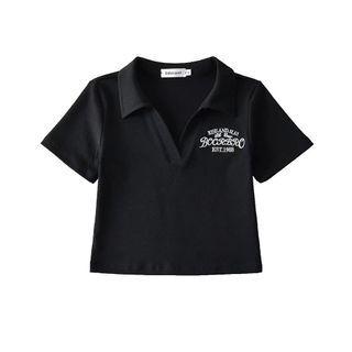 Short-sleeve V-neck Lettering Embroidered Slim Fit Polo Shirt