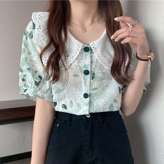 Puff-sleeve Peter Pan-collar Leaf Print Crop Shirt