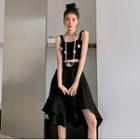 Flower Detail Cropped Knit Camisole Top / Cardigan / Ruffle Asymmetrical A-line Skirt / Set