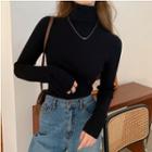 Long-sleeve Plain  High-neck Knit Sweater