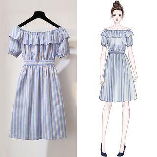 Striped Off-shoulder Short-sleeve A-line Dress