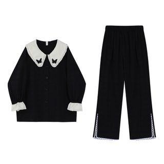 Loungewear Set : Peter Pan Collar Color Block Top + Lace Trim Slit Pants