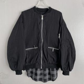Plaid Panel Zip-up Bomber Jacket Black - One Size