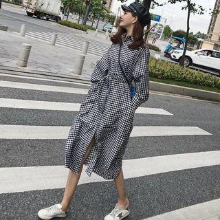 Long Sleeve Gingham Shirtdress As Shown In Figure - One Size