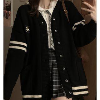 Long-sleeve Contrast Trim Cardigan Black - One Size