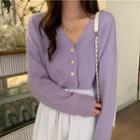 V-neck Faux Pearl Button-up Cropped Cardigan