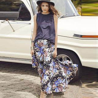 Floral Print Shirred Waist Maxi Skirt