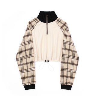 Plaid-sleeve Cropped Pullover