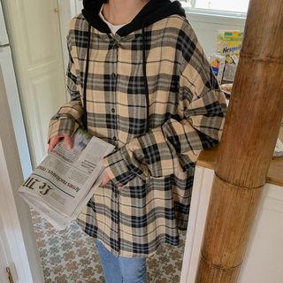 Contrast-hooded Boxy Plaid Jacket One Size