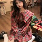 Long-sleeve Plaid Shirt Dress Plaid - Red - One Size