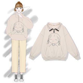 Cartoon Print Zip Placket Pullover