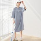 Lettering 3/4-sleeve Hooded Midi T-shirt Dress