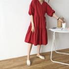 Plain Puff-sleeve V-neck Dress