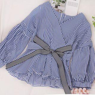 Long-sleeve Tie-back Pinstriped Top