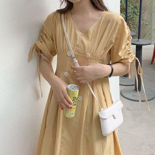 Buttoned Drawstring Short-sleeve Midi A-line Dress