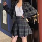 Plaid Double-breasted Cropped Blazer / Mini A-line Skirt