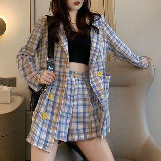 Band-waist Checked Shorts Blue - One Size