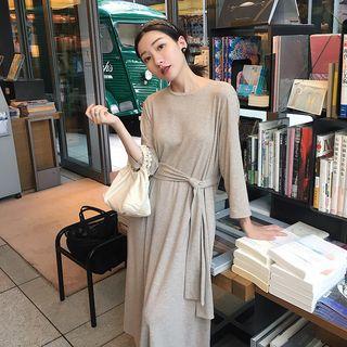 Plain Tie-waist Long-sleeve Midi T-shirt Dress