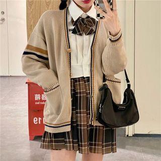 V-neck Knit Sweater Jacket / High-waist Plaid Skirt / Plain Shirt