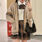 V-neck Knit Sweater Jacket / High-waist Plaid Skirt / Plain Shirt