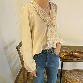 V-neck Frilled Crochet-trim Blouse Cream - One Size