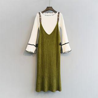 Set : Panel Long-sleeve Knit Top + Sleeveless Dress