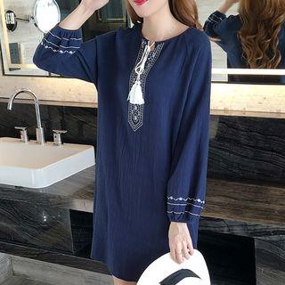 Tasseled Embroidered Long Sleeve Dress