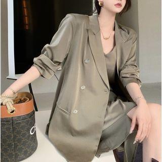 Plain Double-breasted Blazer / Spaghetti Strap Asymmetrical Sheath Dress