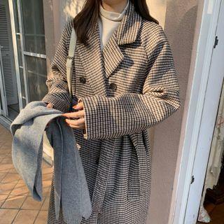 Double-breasted Check Long Coat Black & White - One Size
