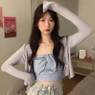 Bow Plaid Tube Top / Cropped Cardigan