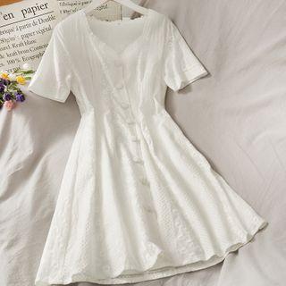 Lace-trim Embroidered V-neck Shirtdress