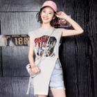 Printed Slit Long Sleeveless Top