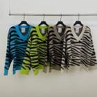 Zebra Print Fluffy V-neck Sweater