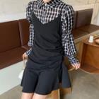Long-sleeve Blouse / Shirred Mini A-line Pinafore Dress