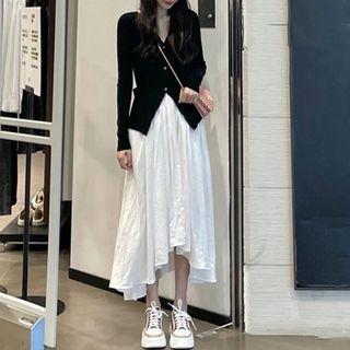 Set: Long-sleeve Panel Knit Cardigan / Asymmetrical Hem Plain Skirt