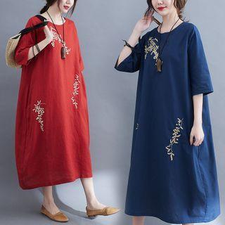 Elbow-sleeve Embroidered Midi A-line Linen Dress