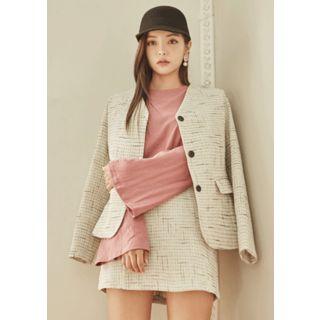 V-neck Single-breasted Tweed Blazer