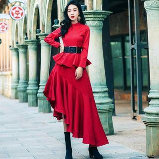 Ruffled Long-sleeve Midi Dress