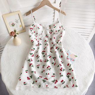 Spaghetti-strap Cherry Print Mini A-line Dress Cherry - White - One Size