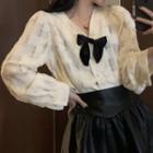Long-sleeve Bow Blouse / Faux Leather Mini A-line Skirt