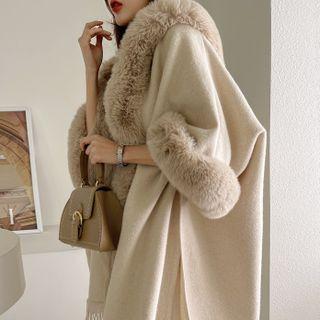 Hooded Faux-fur Lined Cape Cardigan Beige - One Size